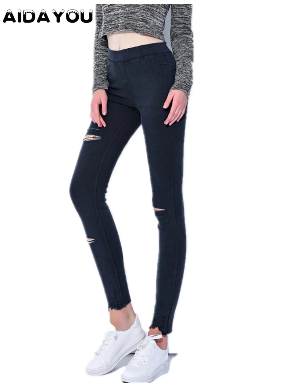 Jeans strappati da donna stretch XXS 3XL pagliaccetto Super elastico Skinny Fit corea Leggings giapponesi Jeans Distressed ouc2603