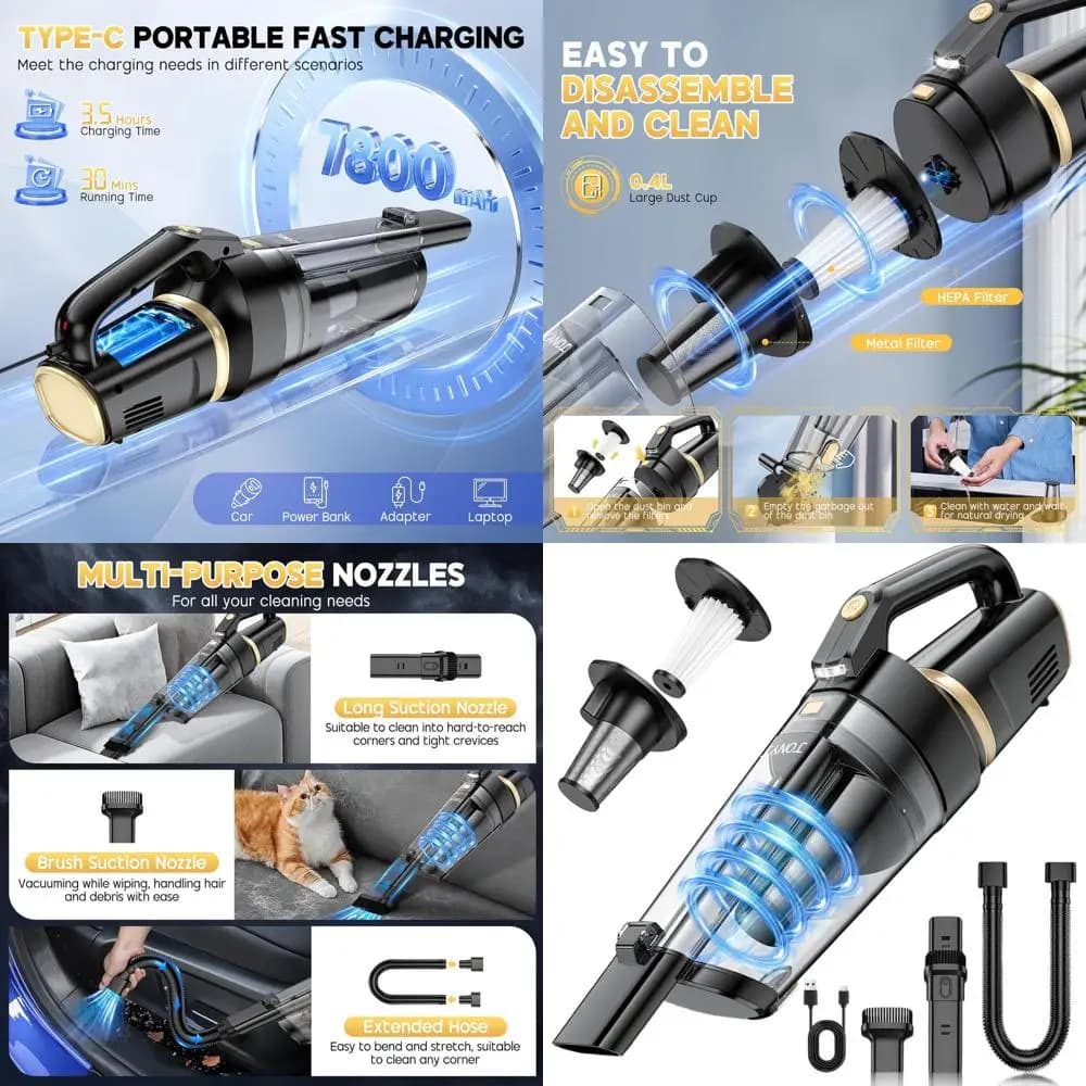 Potente Aspirapolvere Portatile Senza Fili da 16000PA, Ricaricabile con Multi-Bocchette e LED per Casa, Auto, Ufficio, Animali Domestici