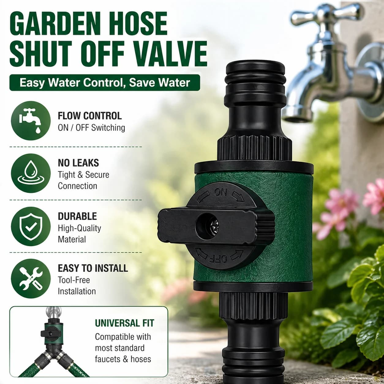 Connettore per Tubo da Giardino con Rubinetto di Spegnimento per Irrigazione, Giardinaggio e Piantumazione Fiori