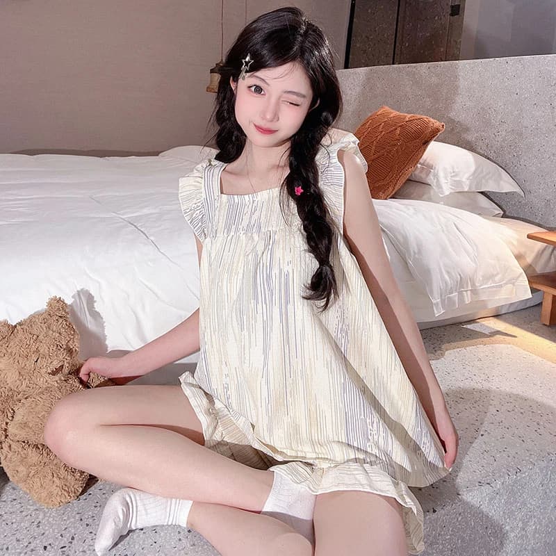 New summer pajamas for women, woven imitation linen crinkle fabric, short-sleeved vest and shorts, sweet girl home wear set