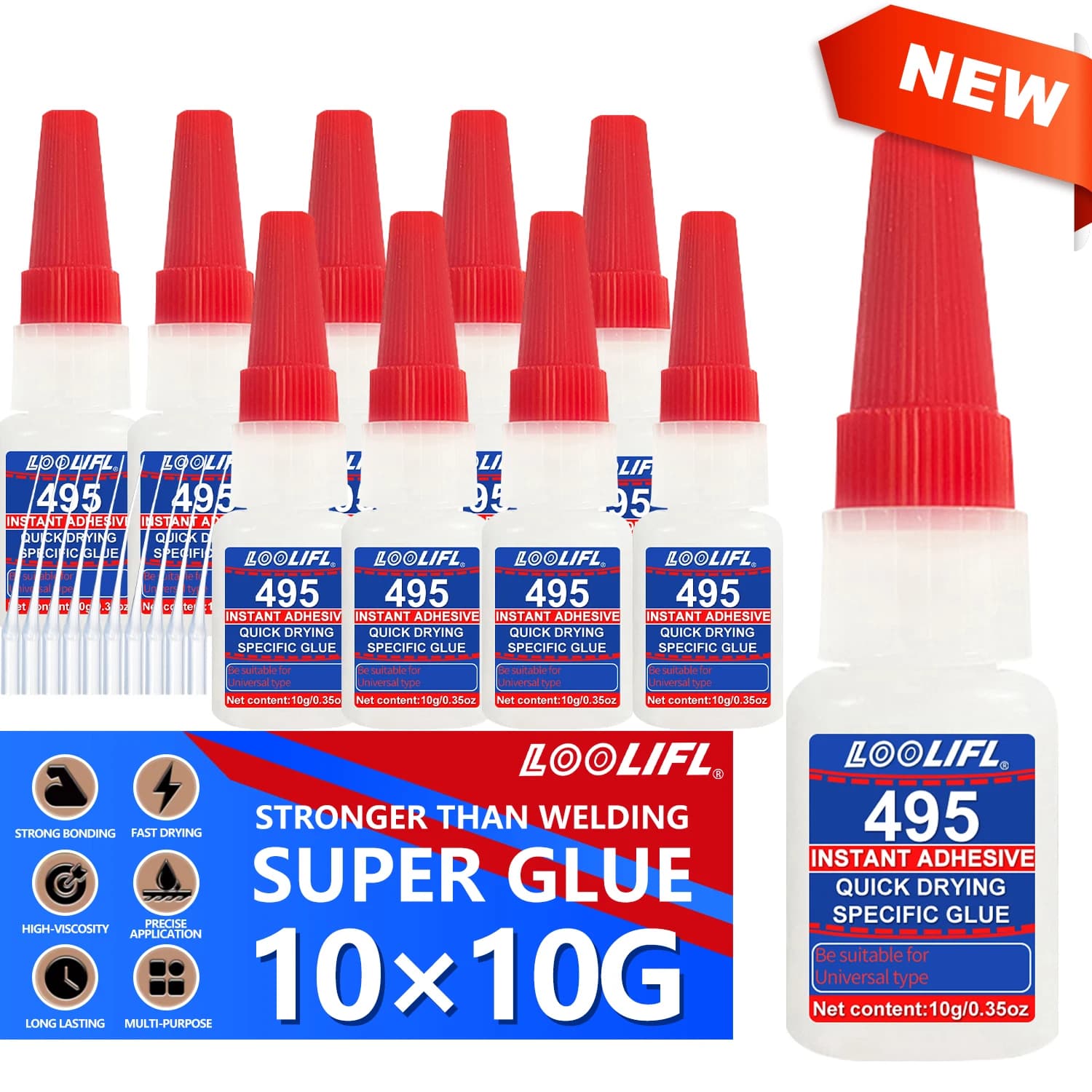 Loolifl 1-10Pcs 495 Instant Strong Super Glue Universal Superglue Mighty Instant Glue for Resin Ceramic Metal Glass Fast Drying