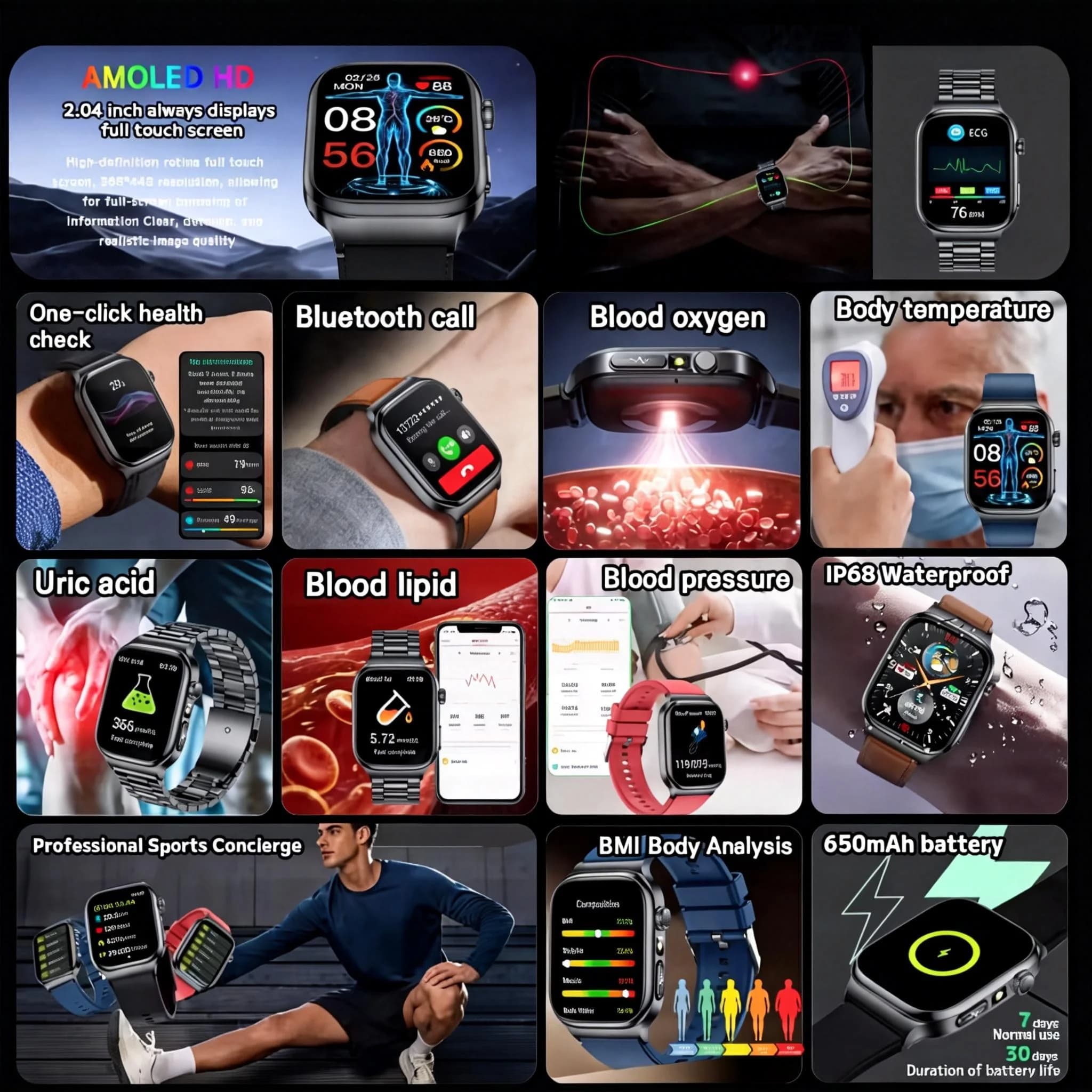 Nuovo Smartwatch 2026 per il Monitoraggio della Salute con ECG Preciso, Acido Urico, Pressione Sanguigna, Grasso Corporeo e Schermo AMOLED HD - Per Uomo e Donna