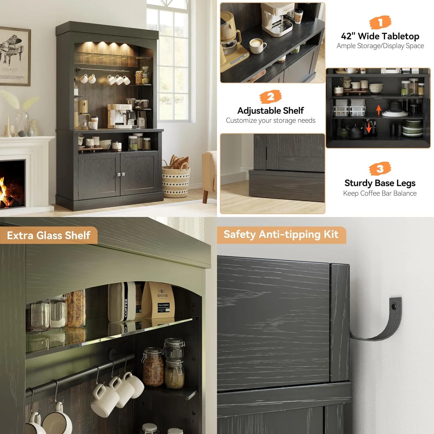Credenza Buffet da 72 Pollici con LED, Portabottiglie, Ripiano in Vetro per Cucina, Sala da Pranzo, Soggiorno, Personalizzabile