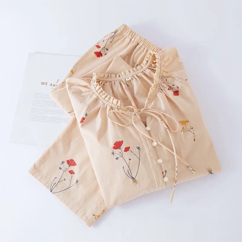 2025 Pure Cotton Double-layer Gauze Pajamas Women's Long Sleeve Trousers Crewneck Loungewear Suit Autumn Thin Safflower Printing