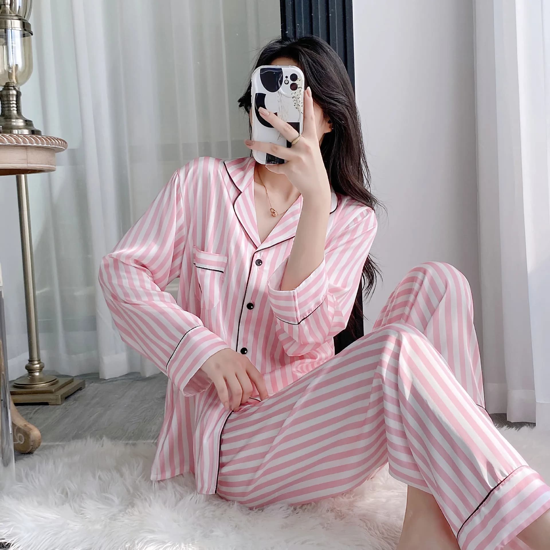 V-style striped ice silk pajamas women's spring and autumn long-sleeved summer light luxury high-end loungewear set