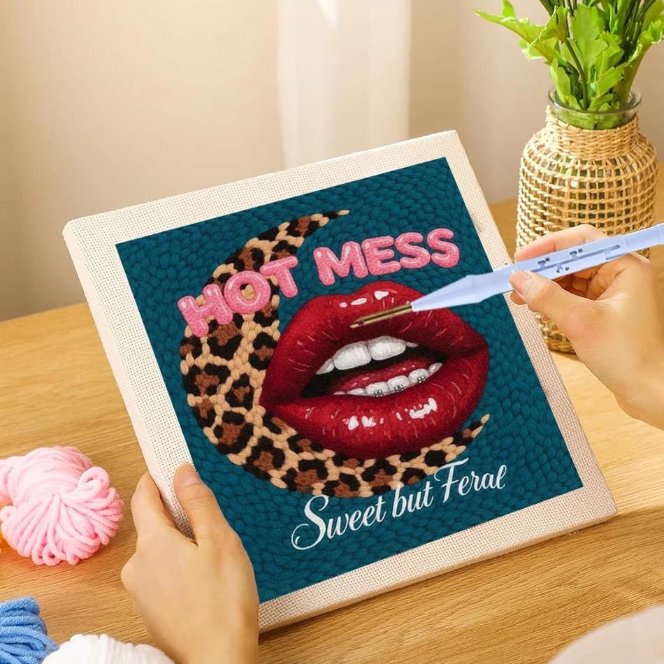 Trendy Punch Needle Embroidery Starter Kit For Adults Leopard Red Lips Handmade DIY Craft Kit Yarn Needle Art Sewing Home Decor