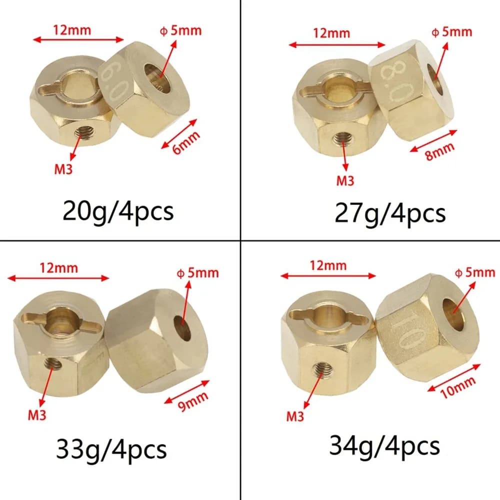 Extended adapters for hexagon wheel hub of 4 pieces 12 mm brass for Axial Redcat RC, weighted wheel extension spacers for heavy loads