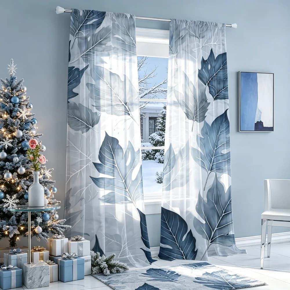 2PCS Sheer Curtains, Watercolor Deep Blue Leaves Print, Bedroom Living Room Window Drapes, Rod Pocket Polyester, Home Decor
