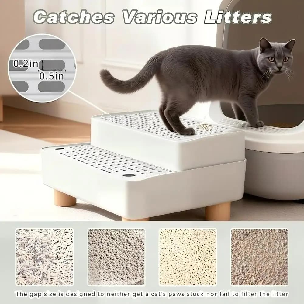 Cat Litter Box Ramp Double Layer Litter Trapping Step Non Slip Washable Removable Stair Adjustable Pet Footboard for Cats
