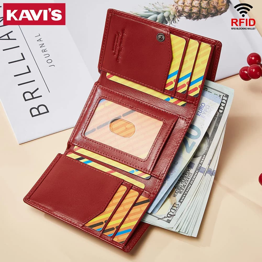 Portafoglio da Donna in Vera Pelle KAVI'S - Trifold con Protezione RFID, Scomparti Multipli per Carte e Contanti, Elegante Borsa Rossa alla Moda