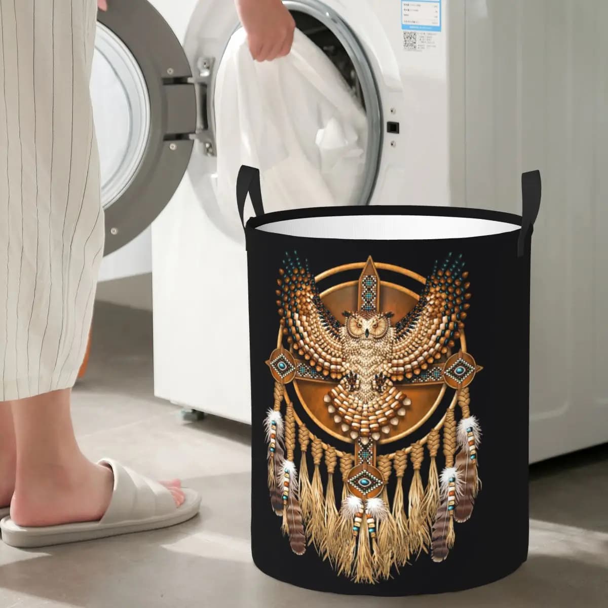 Native Mandala Owl American folding basket for dirty clothes and various items, organizer bag for the house