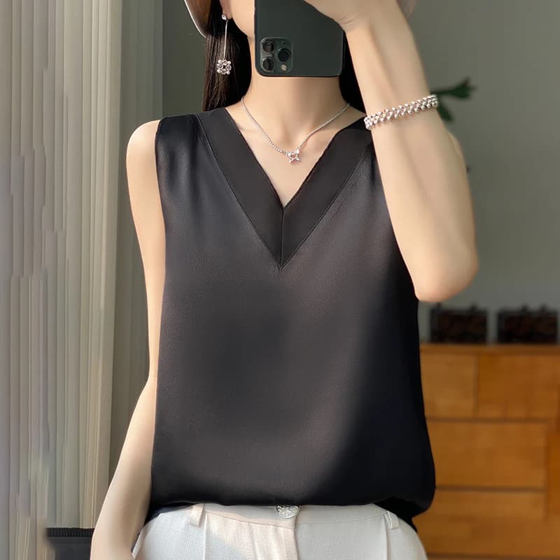 2024 T-shirt a maniche corte sottili in seta sintetica T-shirt basic All-Match Slip Donna Abiti estivi Top eleganti Solido Allentato Moda casual