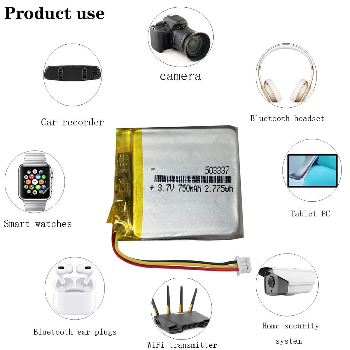 Batteria al Litio Polimero 3.7V 750mAh 503337 503443 per Baby Monitor, Mp3, Mp4, Smartwatch, Altoparlante, Angeleye Ae210 Video EU053337P