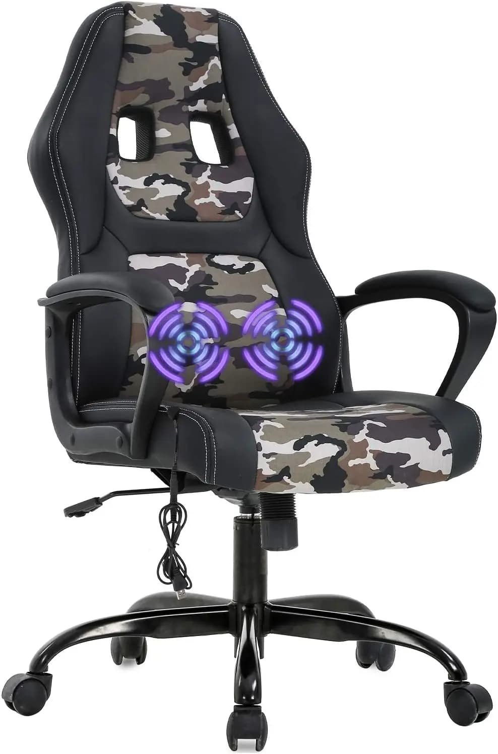 Sedia da Gaming Stile Racing con Massaggio, Supporto Lombare Regolabile e Poggiatesta in Design Mimetico