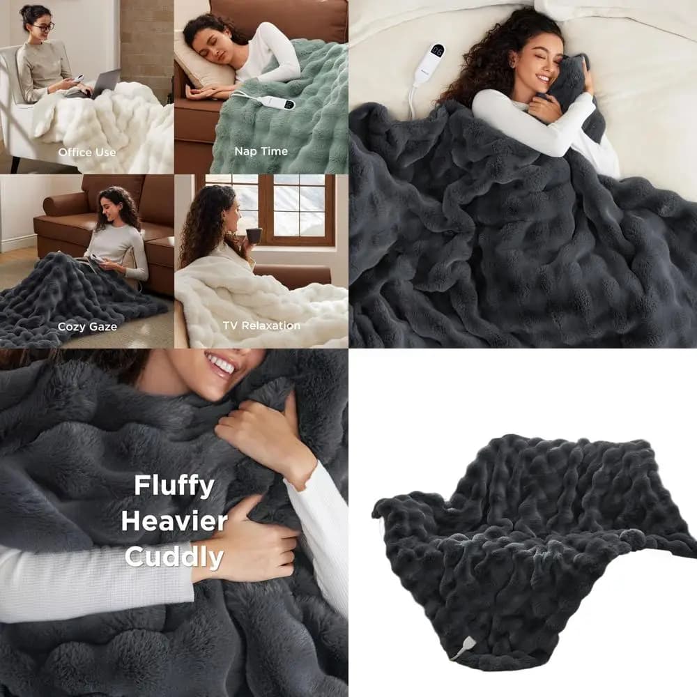 Coperta elettrica ultra morbida in pelliccia sintetica grigia con 6 livelli di calore, 4 timer, spegnimento automatico di 3 ore, 50x60