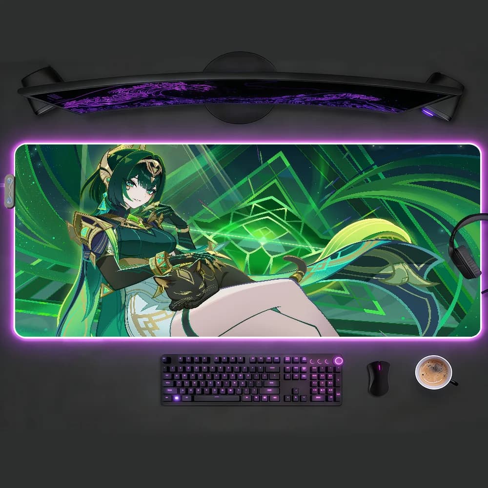 Tappetino per mouse da gaming RGB, grande tappetino da scrivania, antiscivolo, bordi cuciti, ragazza anime verde, gatto nero e stile neon, tappetino per tastiera PC