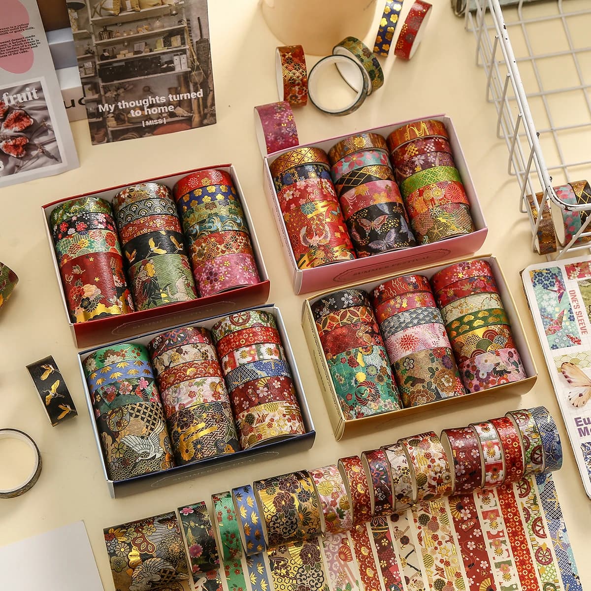15 Rolls Floral Washi Tape Set,Cherry Blossom Plant with Gold Foil,DIY Decorative Tape for Journaling Scrapbooking,Creative Gift