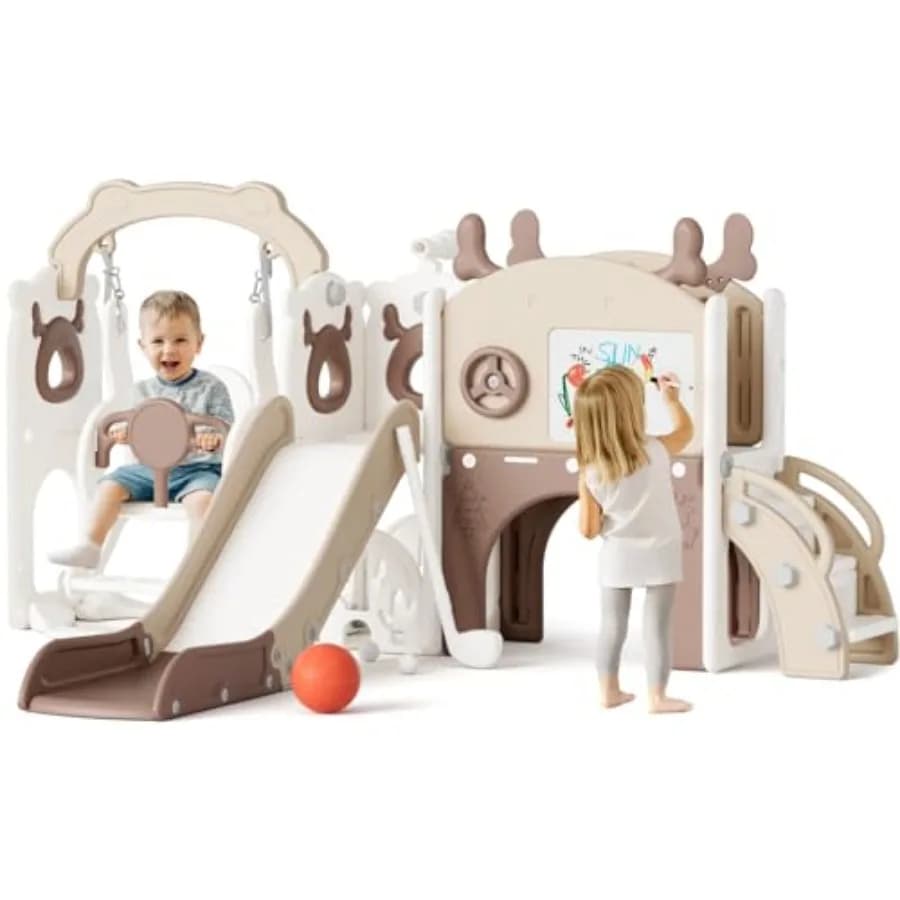 Set Scivolo e Altalena 12 in 1 per Bambini da 1-3 Anni, per Interni ed Esterni, con Canestro da Basket e Set da Golf