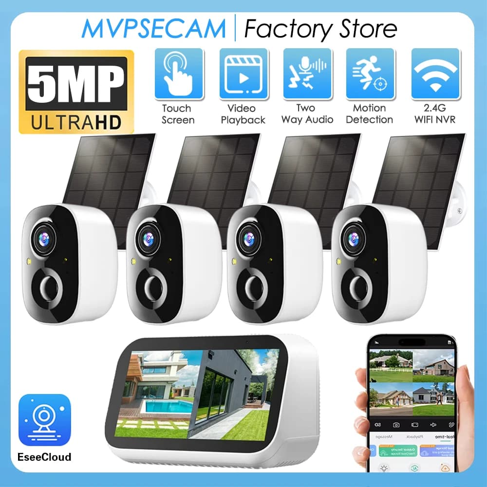 4.39 inch Mini Baby Monitor 4CH 5MP CCTV Touch LCD Screen NVR Home Security Wireless Solar Battery Camera System