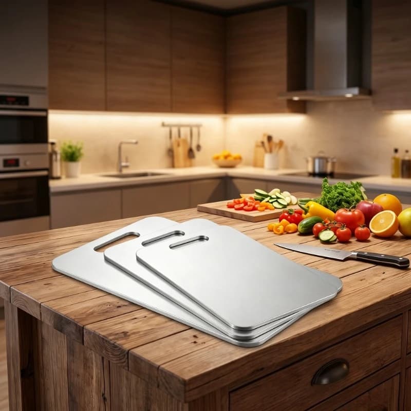 3‑Pack Stainless Steel Cutting Board Set, Food‑Grade Metal Chopping Boards with Handle, Reusable Hygienic Kitchen Cutting Tray, Dishwasher‑Safe Durable Cutting Boards for Meat, Vegetables, Fruit