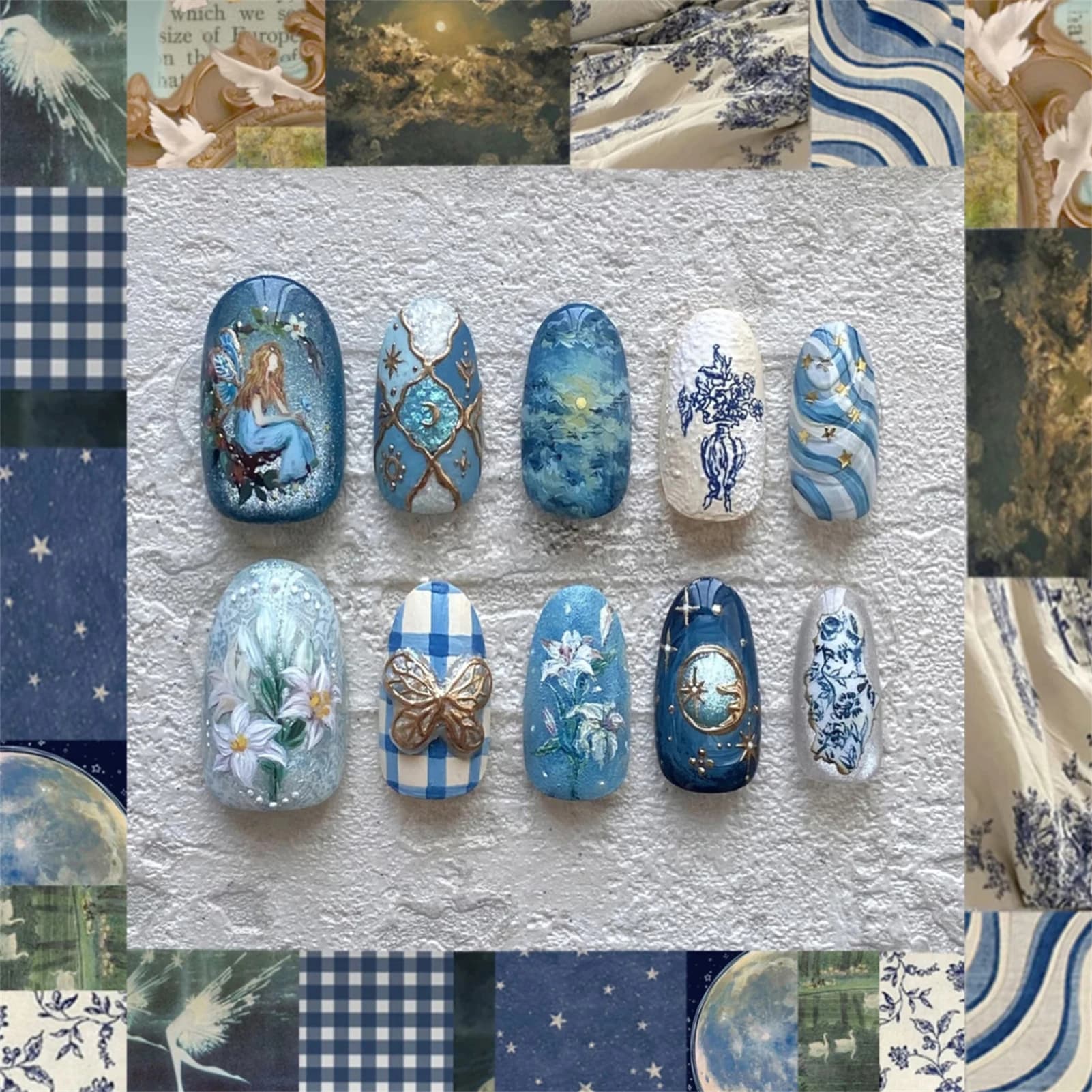 24 unghie finte da giardino vintage, stampa di mandorle sulle unghie, rimovibili, blu, delicate ed eleganti, con disegni di fiori a farfalla
