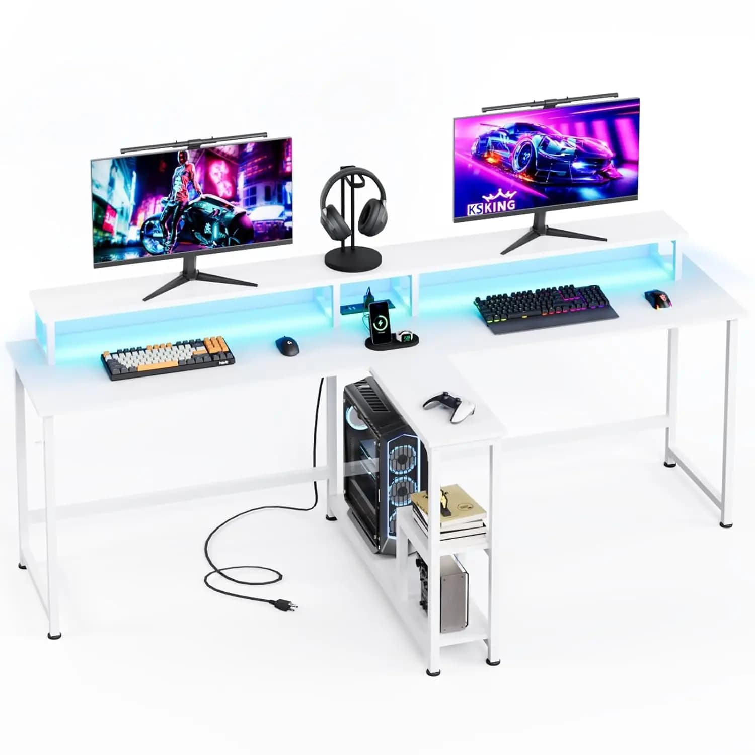 Scrivania da Gaming Doppia da 213 cm con Stazione di Ricarica, Supporto Monitor LED, Scaffali, Postazione di Lavoro per Casa e Ufficio, Bianca Personalizzabile