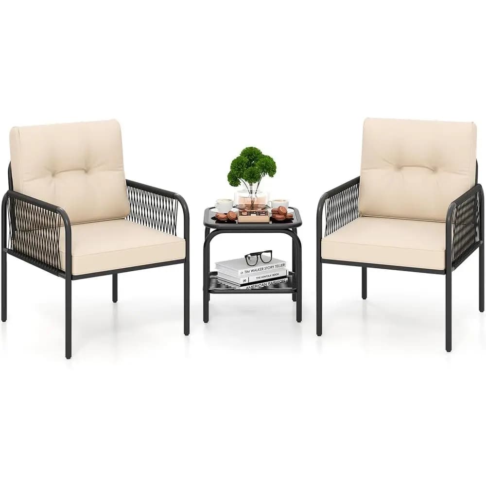3-Piece Outdoor Patio Bistro Set with PE Rattan Furniture, Tempered Glass Table, Cushioned Chairs for Backyard, Garden, and Pool