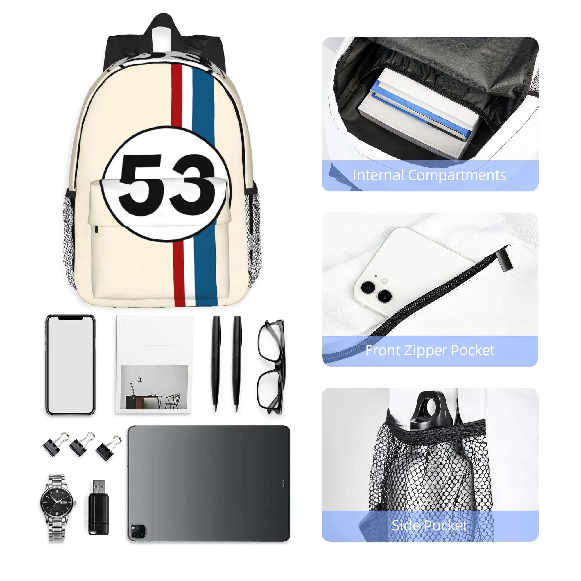 Herbie Number 53 Backpack Hot Sale Daypack Large Capacity Boys Girls BookBag Shoulder Bags for Men Women School Bag