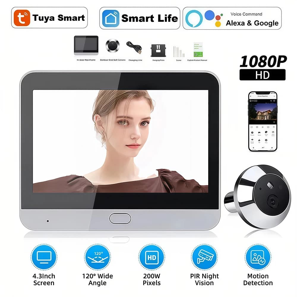 Campanello video WiFi da 3 MP Telecamera per campanello per porta con rilevamento del movimento PIR da 4,3 pollici Tuya Smart Spioncino audio bidirezionale per visione notturna