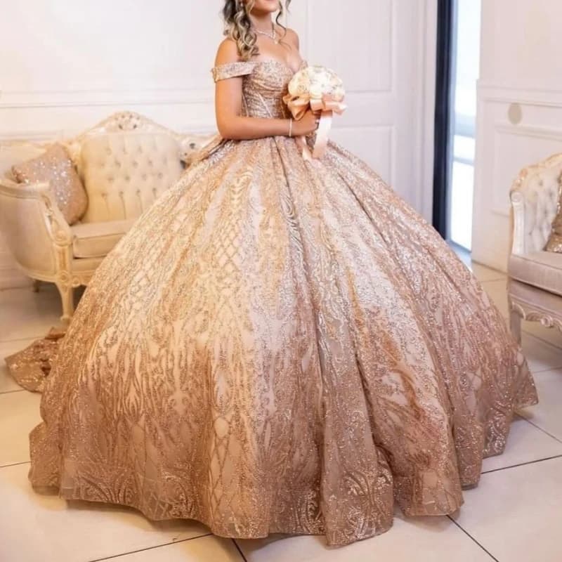 Abiti Quinceanera lucidi in oro rosa con spalle scoperte Applique con paillettes Perline in pizzo Fiocco di cristallo Festa di compleanno Dolce 16 Abito gilet