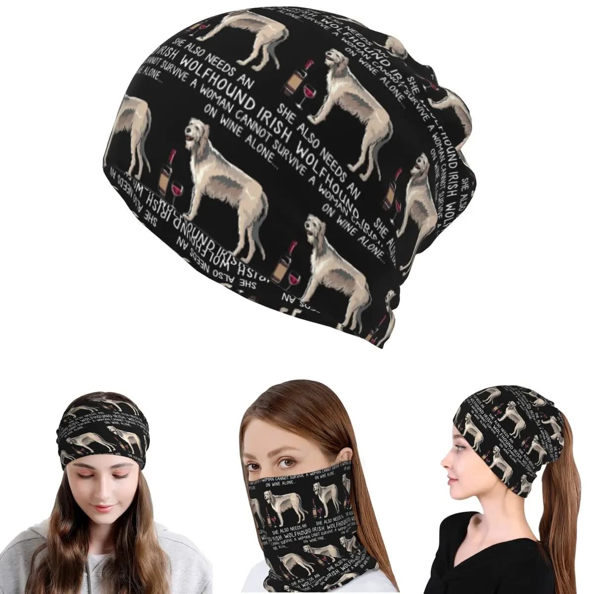 Bandana divertente per cani Irish Wolfhound And Wine, copricollo, sciarpa per il viso, maschera multiuso, berretto, cappello unisex per adulti, antivento