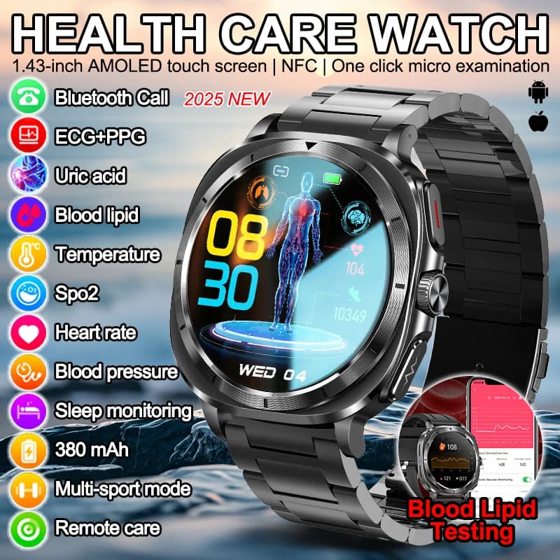 New Men ECG + PPG Oxygen Blood Pressure In Blood Fat Urico Acid In Blood Cardiaca Frequency In Health Monitor NFC BT called Women Smart Watch