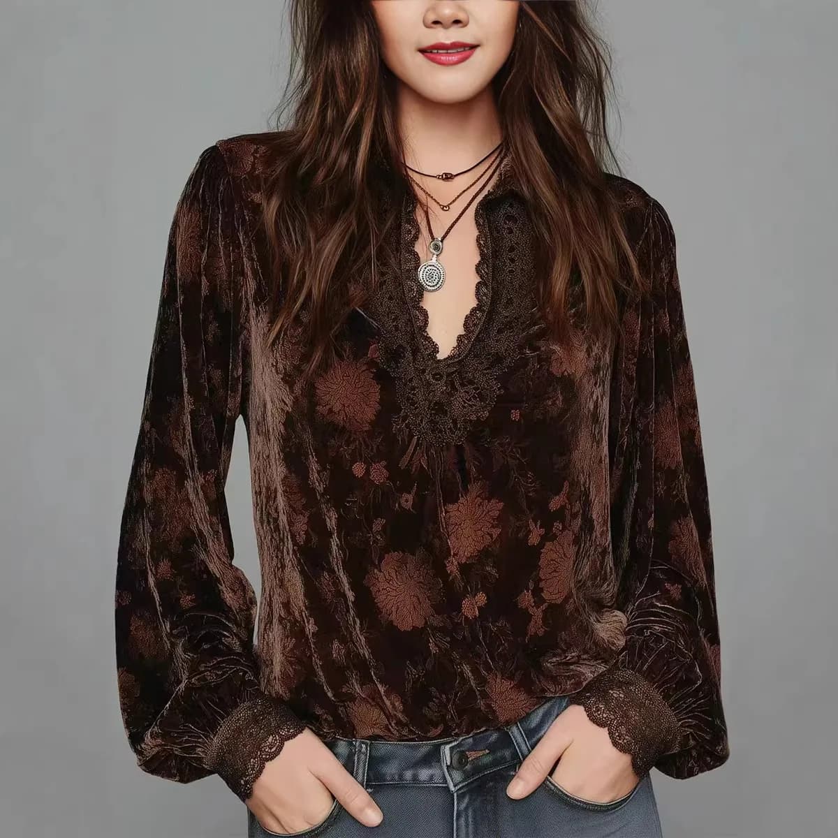 T-shirt in velluto gotico con pizzo da donna, sexy scollo a V, vintage casual, maniche a lanterna, top/blusa primaverile autunnale da donna 2026