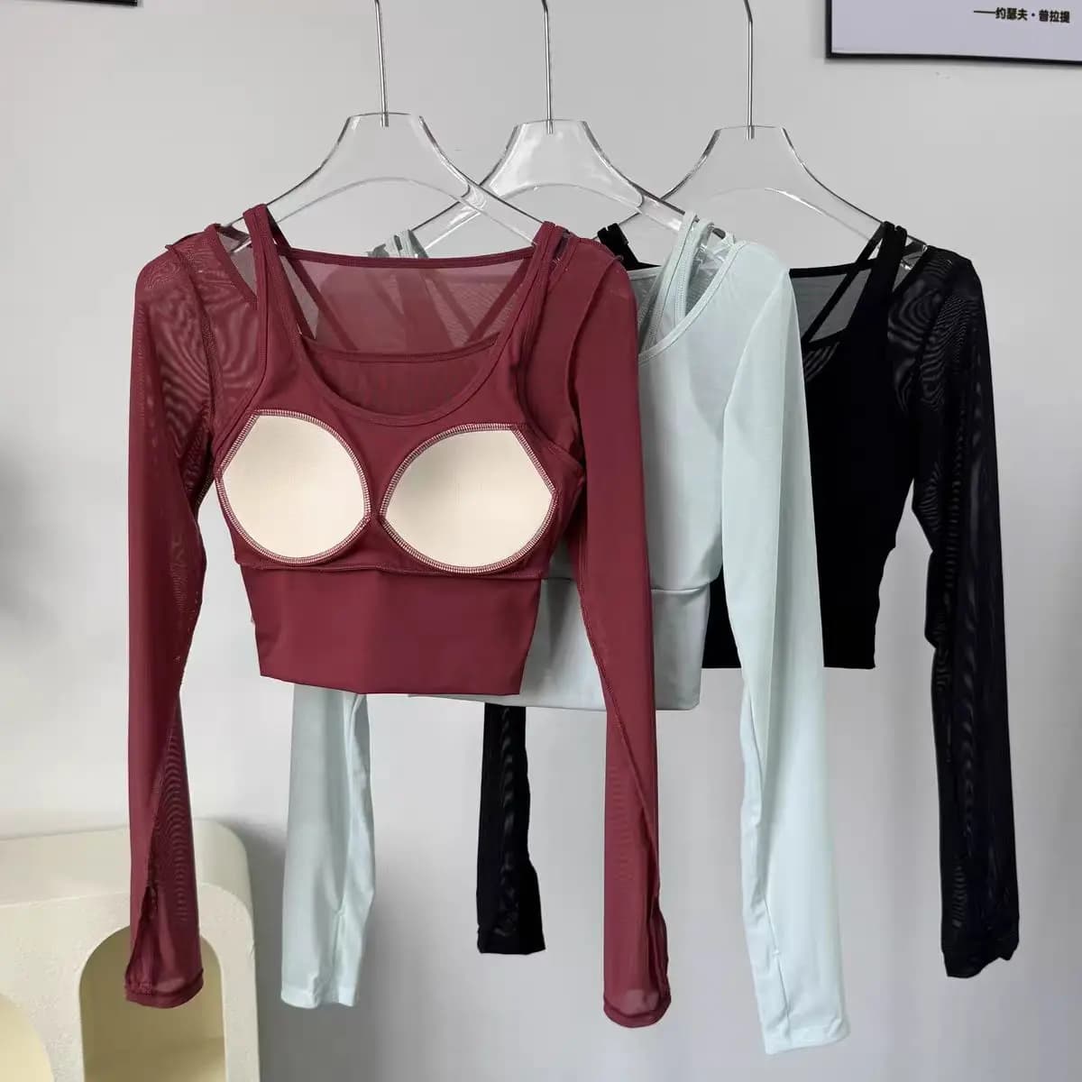 Top da Yoga a Maniche Lunghe 2-in-1 in Rete per Donne, con Imbottiture Integrate, Maglietta Modellante a Strati per Allenamento, Pilates e Palestra