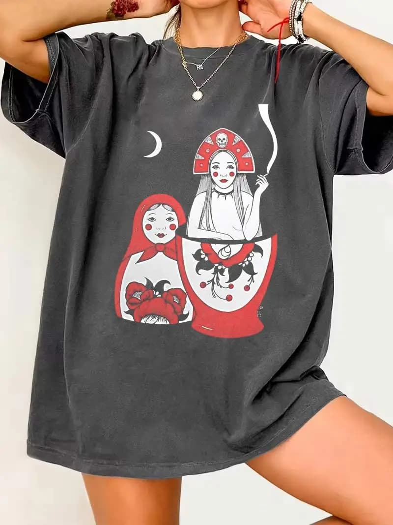 T-Shirt Streetwear con Motivo Bambola Russa, Stile Carino Y2k, Maglietta Casual con Matryoshka, Top Estivo in Cotone per Uomo e Donna, Stile Harajuku