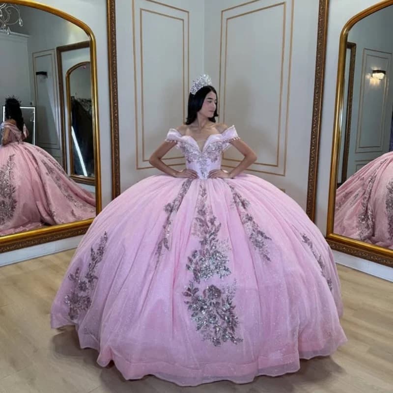 Abiti Quinceanera rosa pesca lucido personalizzati con spalle scoperte applique con paillettes pizzo coda lunga Vestido 15 Quinceanera