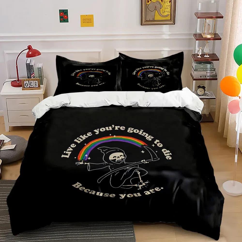 Set di decorazioni gotiche con teschio e arcobaleno, set di biancheria da letto morbido e confortevole, include 1 copripiumino e 2 federe, regalo