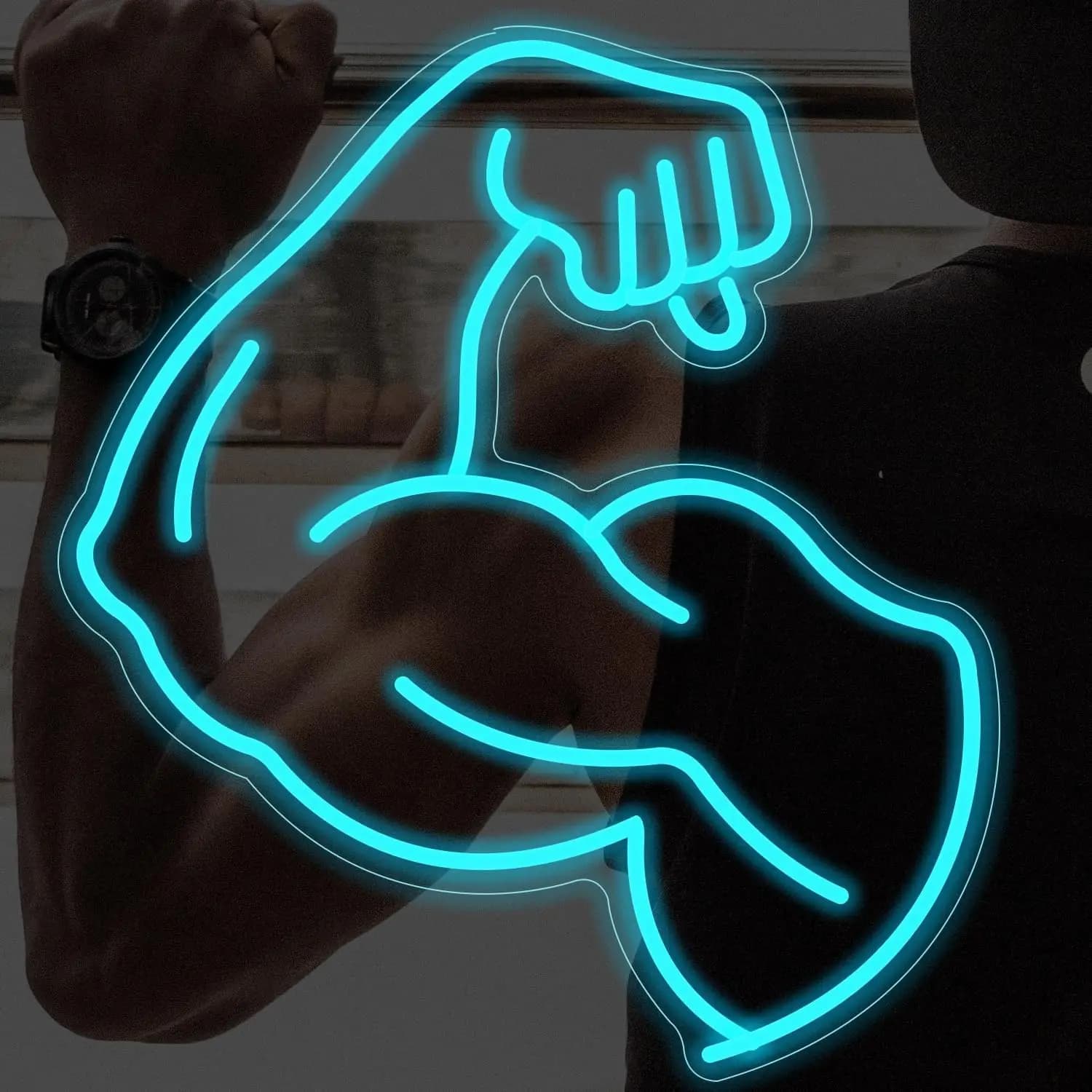 Insegna al neon per braccio muscolare Bagliore blu Bodybuilder Silhouette Luce a LED per la decorazione della palestra di casa Uomo Grotta Wall Art Fitness Regalo per uomo