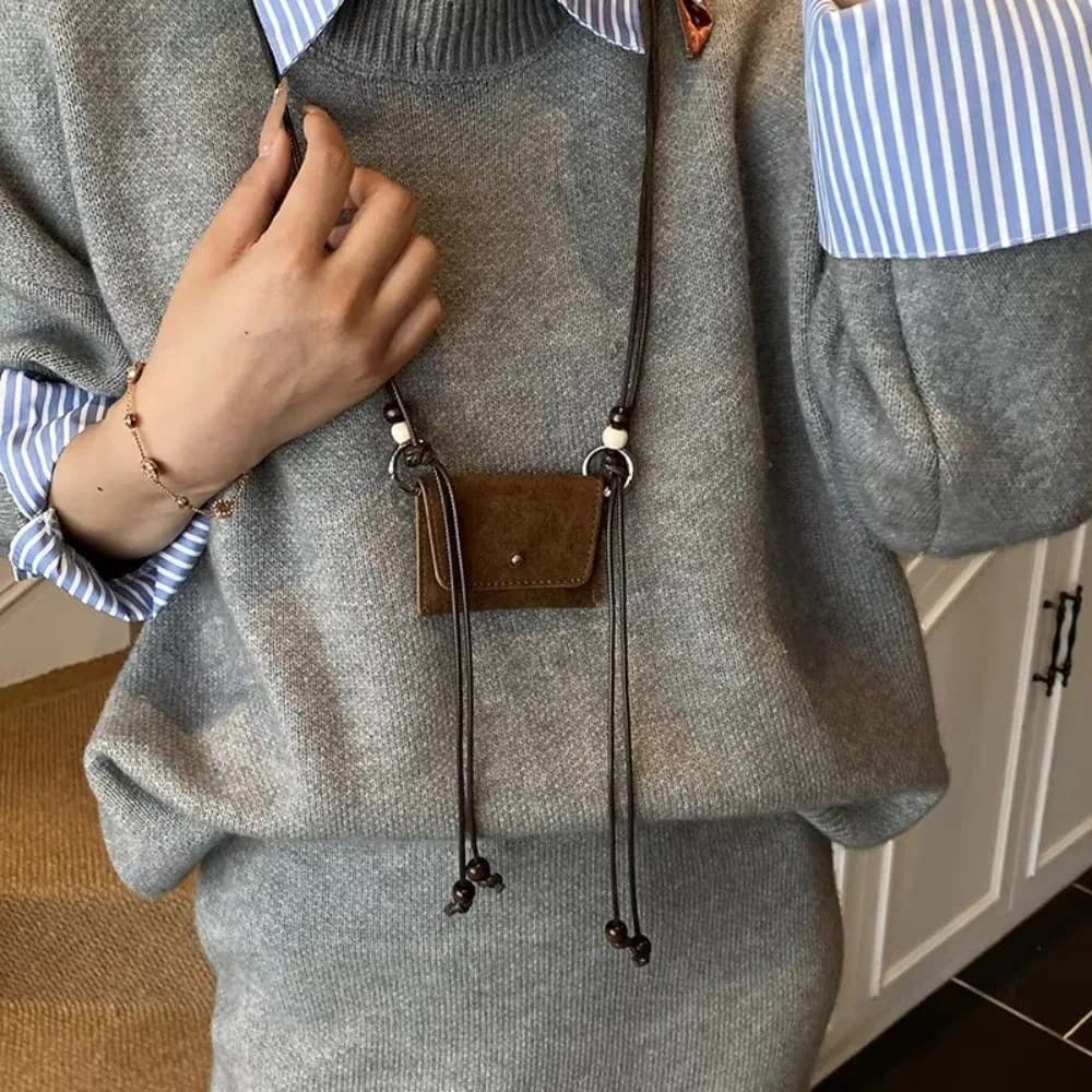 Vintage Long Chain Bag Pendant Leather Matte Finish Pendant Necklaces Sweater Chain