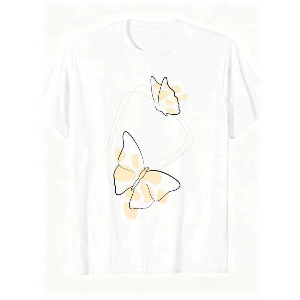 Minimalist Line Art Butterflies Graphic T-Shirt, Black Continuous Sketch with Soft Beige Abstract Shapes Print Tee, Elegant Boho Aesthetic Shirt, Trendy Unisex Casual Top for Women and Girls, Soft Cotton White Summer Clothing.