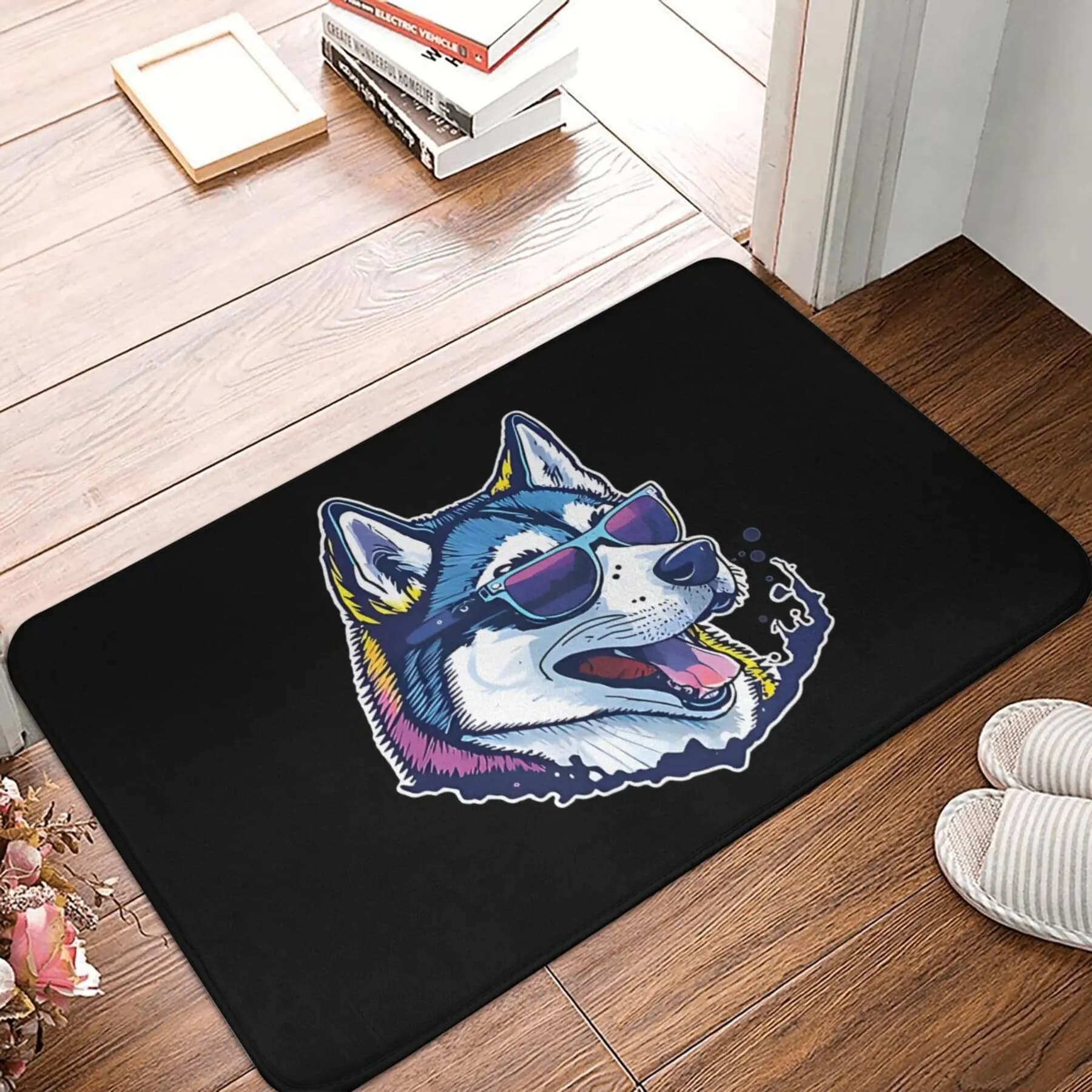 Zerbino antiscivolo Alaskan Husky da 1 pezzo, con occhiali colorati e alla moda, modello cane, perfetto per il bagno lavabile in lavatrice