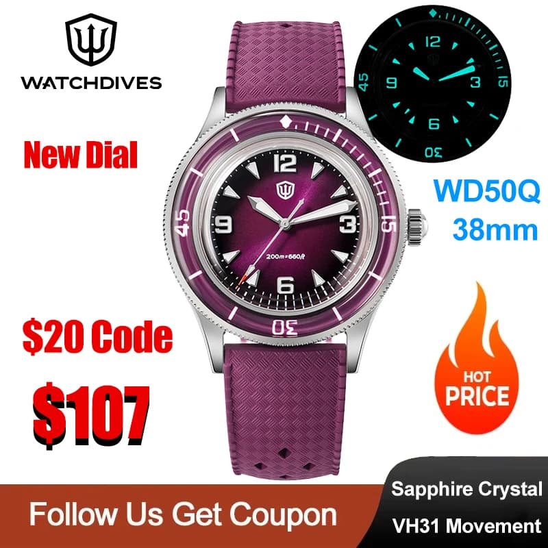 Orologio Subacqueo Watchdives WD50Q al Quarzo, Nuovo Quadrante, Movimento VH31 con Secondi Continui, Vetro Zaffiro a Bolla, Luminoso BGW9, Impermeabile 20 Bar
