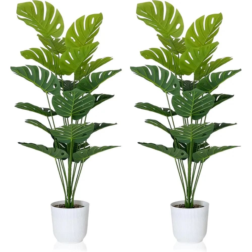 Pair of Artificial Plants Monstera Deliciosa in Vase, Tropical Trees with Green Leaves, Swiss Cheese Plants from 45 Poles for Portico, Garden