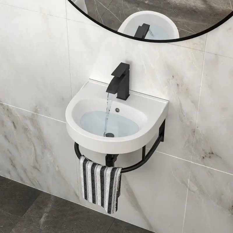 Lavabo da bagno in ceramica a parete 16x14 con portasciugamani nero e rubinetto per spazi compatti