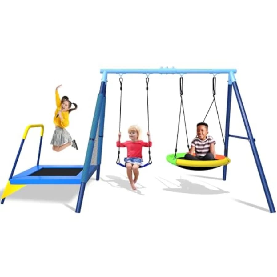 Set altalena da 440 libbre Parco giochi esterno 3in1 con piattino Sedile con cintura altalena e trampolino da 4 piedi Supporto in metallo AFrame resistente e sicurezza