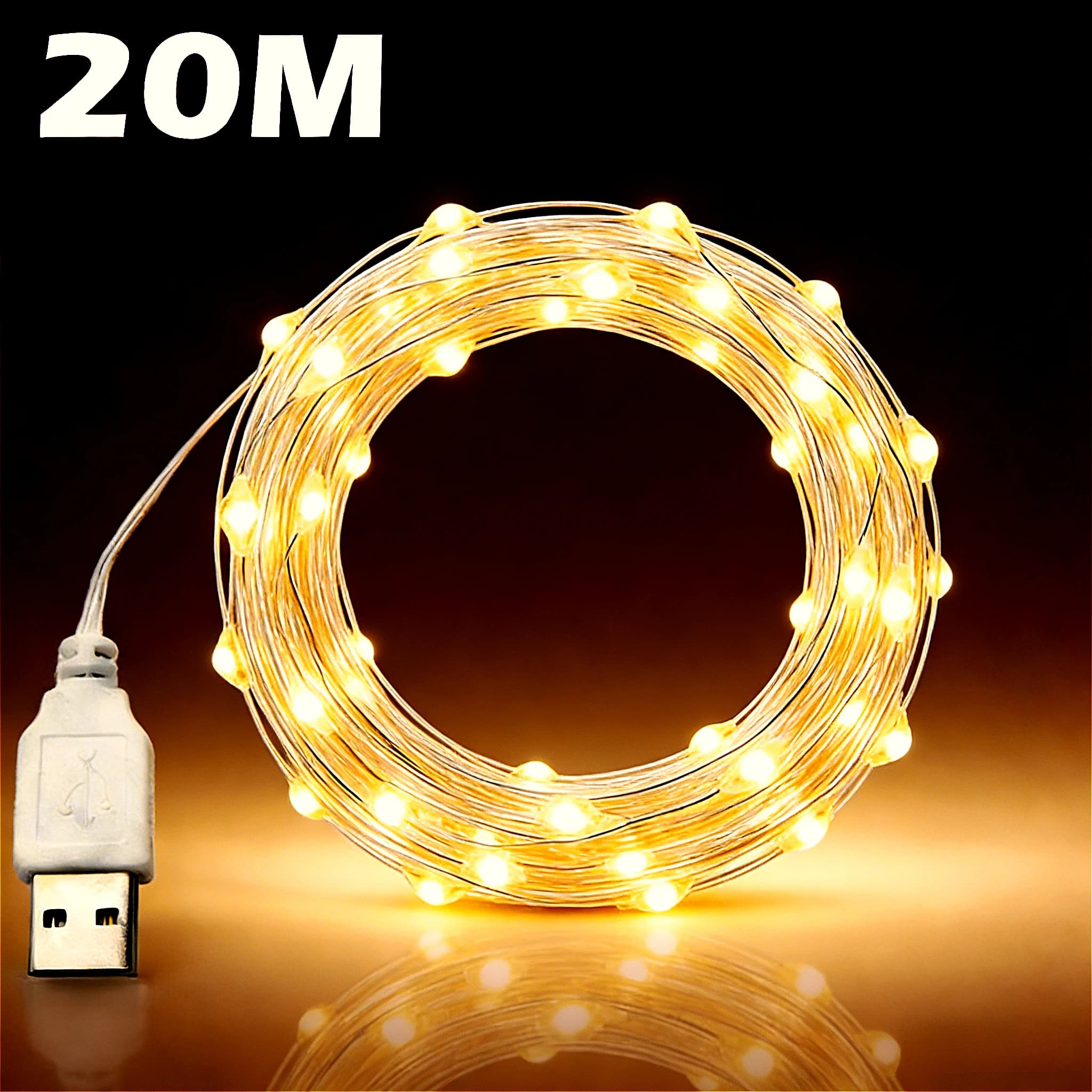 Luci fatate a LED USB da 20 metri, filo di rame, 200 LED, ghirlanda luminosa per esterni, per decorazioni natalizie, matrimoni e feste.