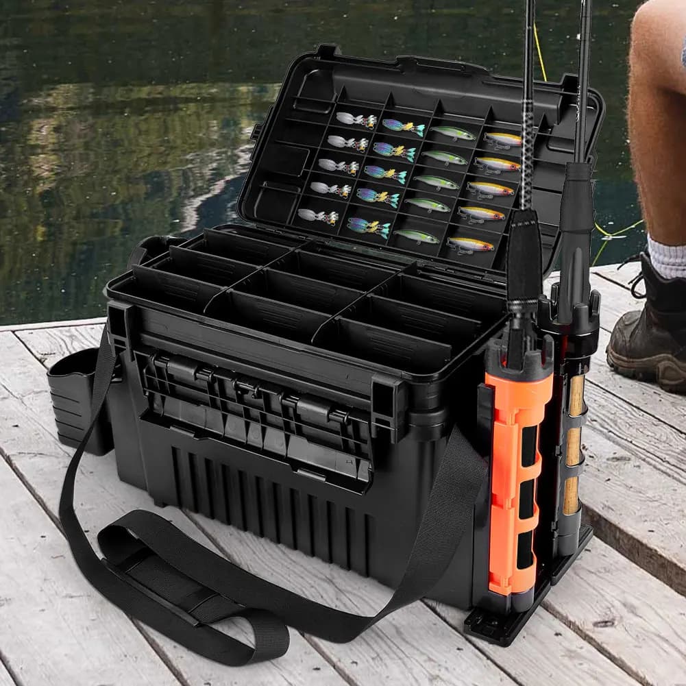 2-level fishing gear box with cup holder and barrel holder, barrel holder box and adjustable reels, fishing accessories