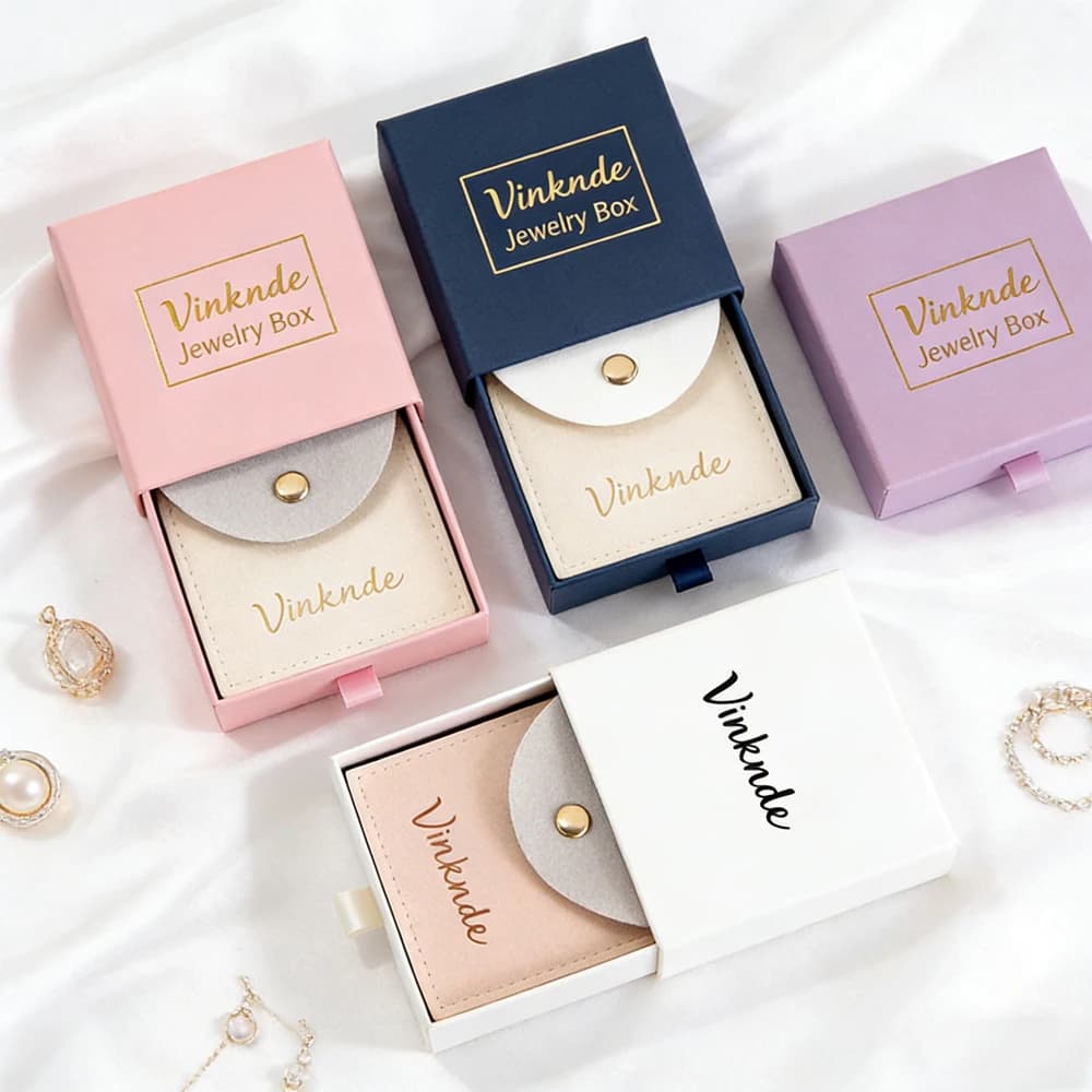24/50/100 Pezzi Scatole Portagioie Personalizzate con Logo, Cassetto in Cartone con Sacchetto in Microfibra, Confezione Regalo per Anelli, Orecchini e Chiavi