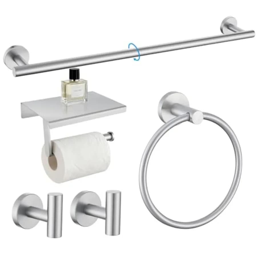5-Piece Bathroom Hardware Set SUS304 Stainless Steel Round Towel Bar Towel Ring Toilet Paper Holder 2 Robe Hooks Concealed Moun