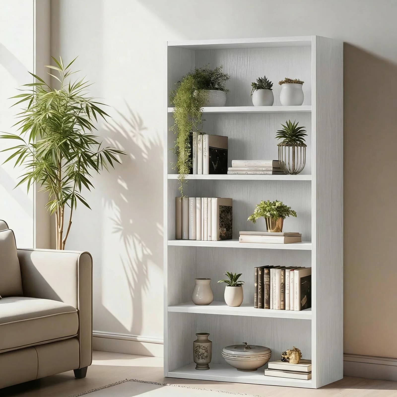 Libreria in Legno a 5 Ripiani MCQ, Nera, Alta 53 Pollici, Scaffale Aperto per Libri, Organizzatore con Ripiani Regolabili per Esposizione e Conservazione
